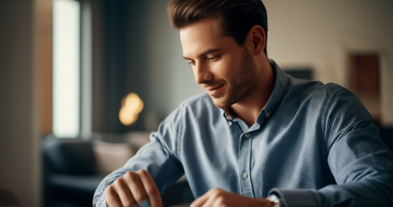Caucasian man interacting with a modern smart home device, highlighting ease of use and sophisticated design.