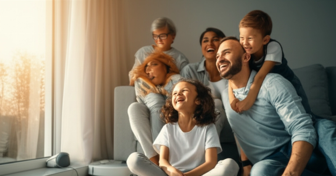 Happy Caucasian family in a clean living room, subtly showcasing a home product that enhances comfort and well-being.